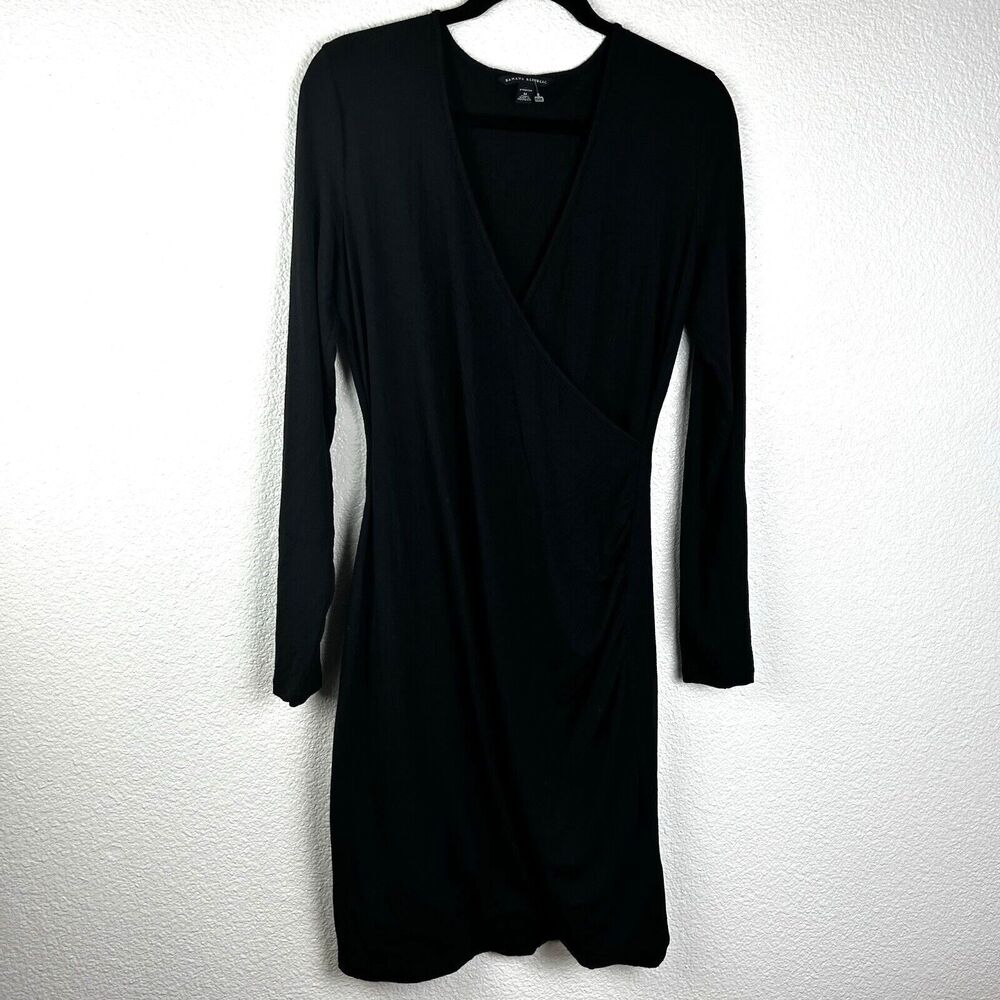 Banana Republic Women's Midi Faux Wrap Dress Black Long Sleeves Rayon Classic
